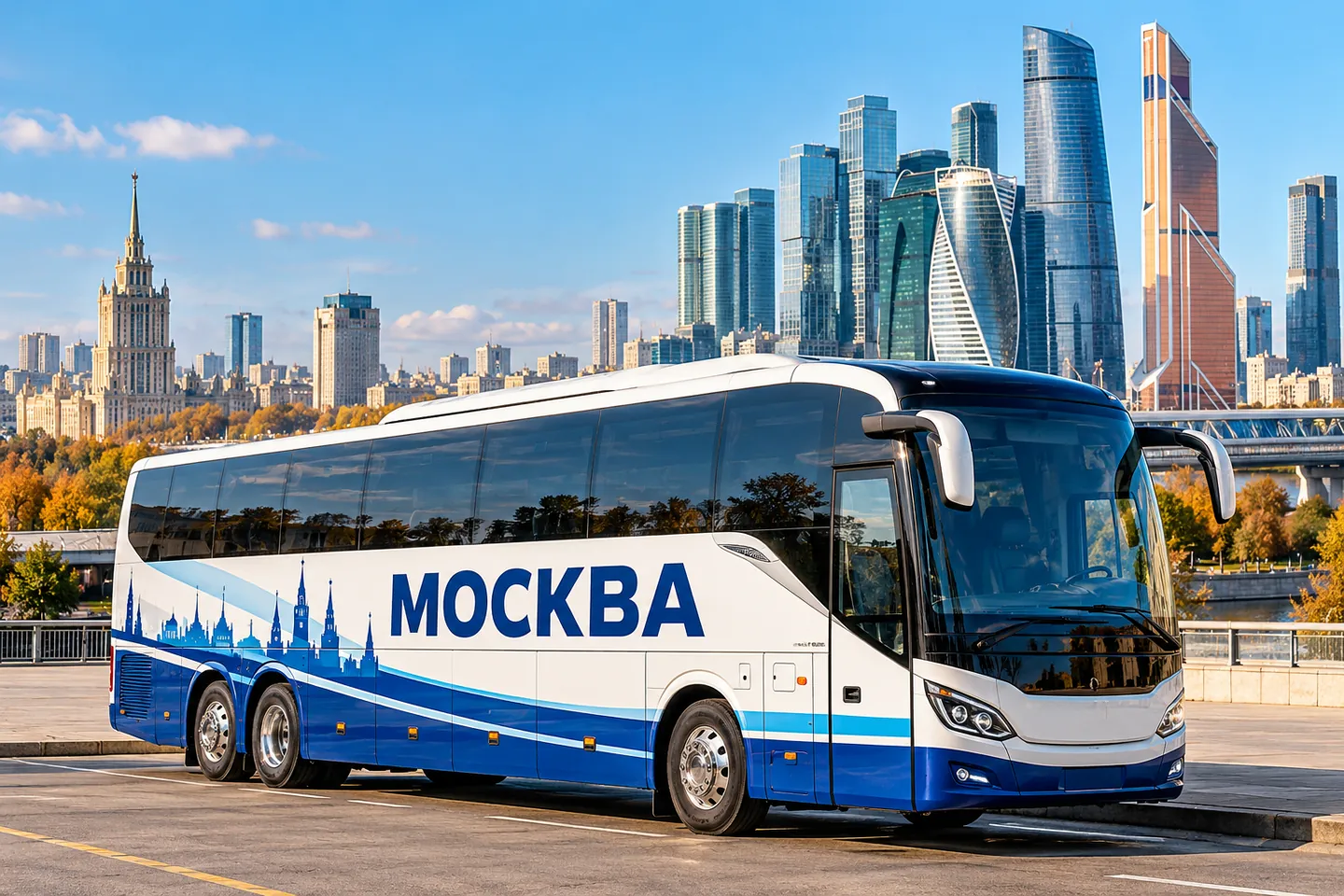 Пассажирский автобус Москва на фоне городского пейзажа